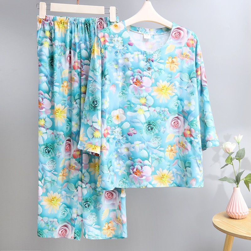 女性用綿シルクパジャマ、夏用薄手、中高年ママ、ゆったり綿シルクホーム服、七分袖お出かけスーツ|undefined