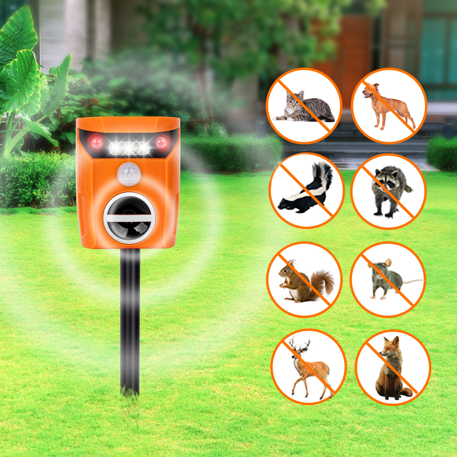 En stock comadreja solar ultrasónico infrarrojo sensor gato perro repelente de aves repelente de animales dispositivo