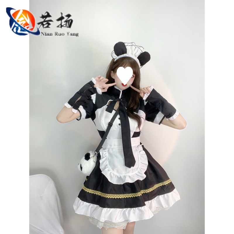 (2개) 일본 메이드 코스프레 섹시 로리타 팬더 소녀 메이드 유니폼 애니메이션 데일리 원피스