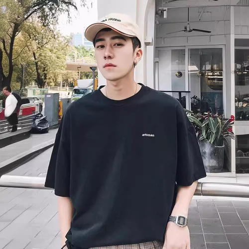 Directly supplied by the manufacturer 220g heavy-duty black cotton trendy loose-fit short-sleeve T-shirt summer men's fashion half-sleeve top