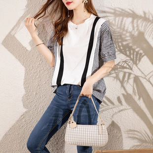 2025 Summer New Fashionable Plaid Casual Simple Stitching Short-sleeved Contrast Color T-shirt for Women