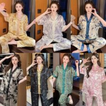 跨境睡衣女夏天冰丝短袖长裤套装高级感仿真丝家居服薄款可外穿