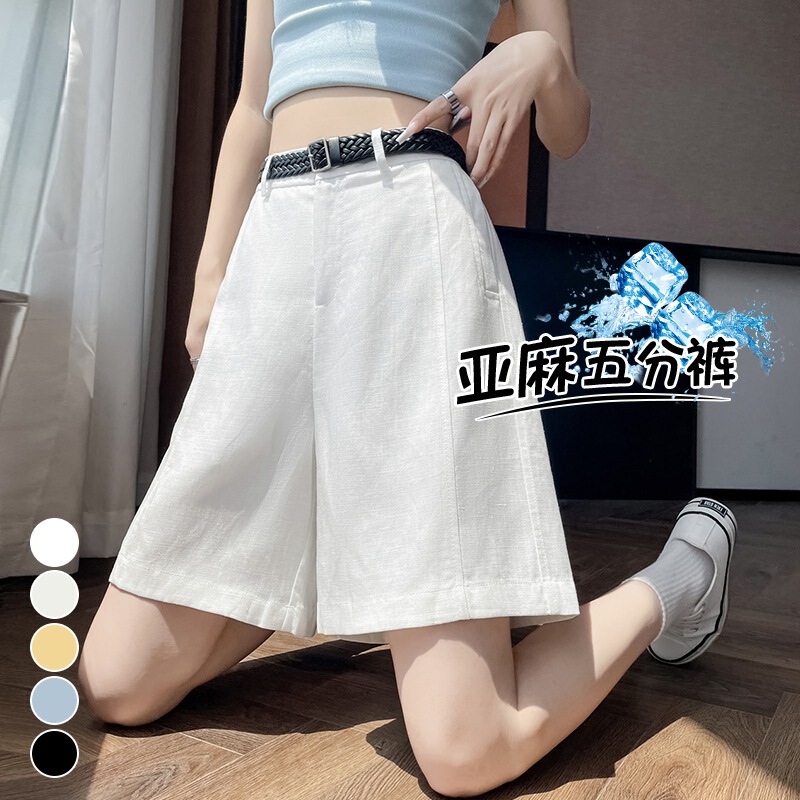 Tencel linen women's summer thin large size high-waisted slimming A-line wide-leg cotton-linen shorts