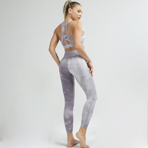 现货！欧美热销裸感扎染瑜伽美背套装专业运动跑步健身文胸套装女