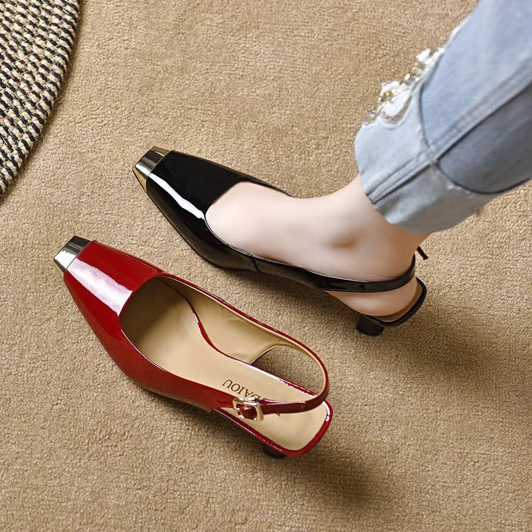 Giày sandal nữ mũi vuông da thật gót nhỏ đế mềm — Màu đen chi tiết 1