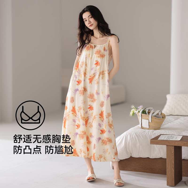 胸パッド付き女性用モーダルサスペンダーナイトガウン、夏用涼しい薄手のパジャマドレス、ゆったりとしたホームウェアとして着用できます。|undefined