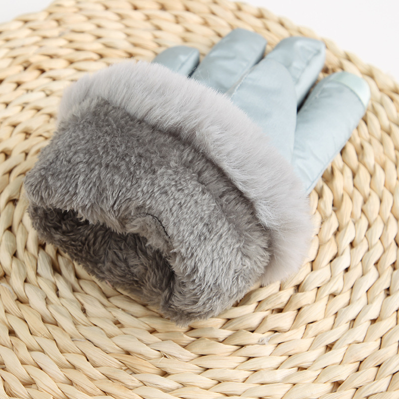 冬季成人加绒保暖手套现货女纯色分指羽绒布手套欧美风防泼水手套