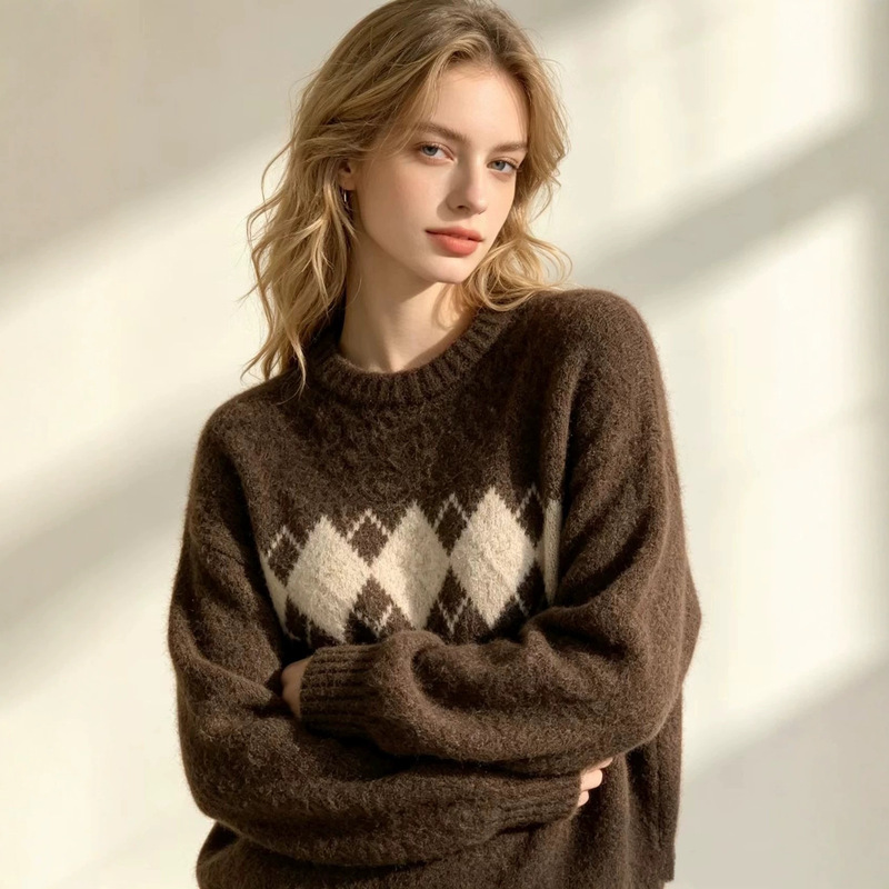 New cross-border versatile and stylish sheep wool straight-cut diamond-patterned retro casual round-neck pullover sweater for women New cross-border versatile and stylish sheep wool straight-cut diamond-patterned retro casual round-neck pullover sweater for women