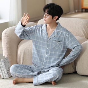 Pure Cotton Men's Pajamas Spring and Autumn Long Sleeve Trousers Loose plus size Men's Outwear Casual Home Clothes Summer