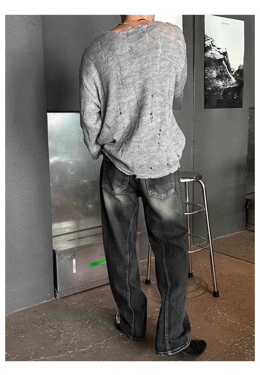 Herrenbekleidung: Herren-Strickpullover im Used-Look mit Spitzenbesatz und übergroßem Kragen – Trendiger Langarmpullover für Streetwear und Lagenlook_voghion.com