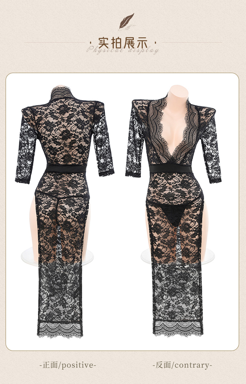 Lace Cheongsam-Style Babydoll Dress with Side Split, Sheer Panels, Plus Size — detail image 12