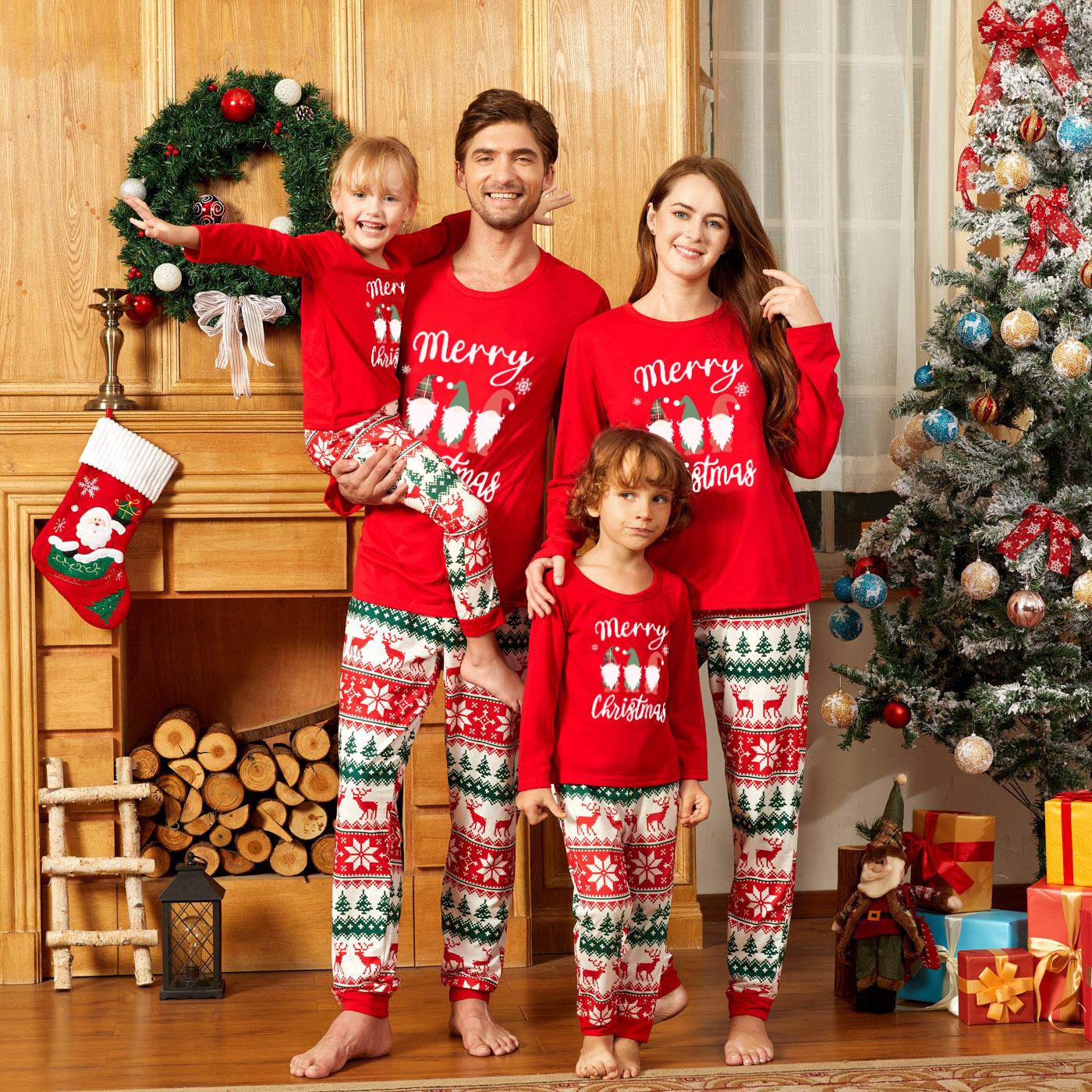 Conjunto de pijama de manga larga con estampado de alce navideño para mujer, ropa para el hogar para padres e hijos_voghion.com