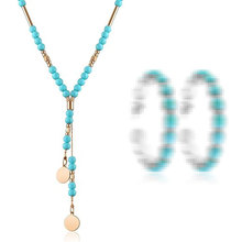 欧美跨境时尚绿松石流苏合金吊坠项链耳环套装女士波西米亚长项链