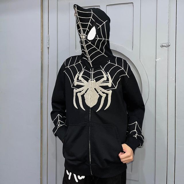 European and American Cross-border Wholesale Gothic Dark Spider Printed Hooded Cardigan Full Chain Loose Trendy Brand Sweater Jacket for Men and Women