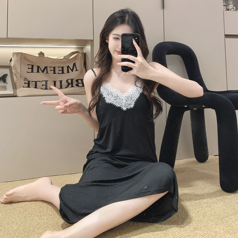 夏季中长款吊带睡裙女款夏季莫代尔人棉花边纯欲风女睡衣家居服薄