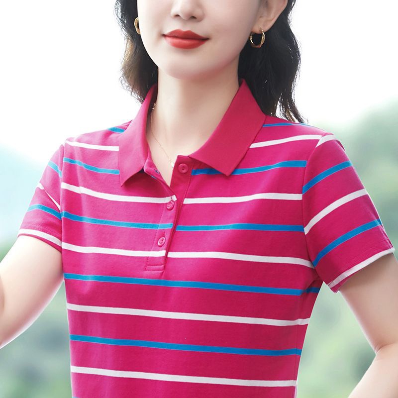 【棉95氨纶5】跨境夏季新款休闲上衣中年妈妈夏装翻领女士polo长