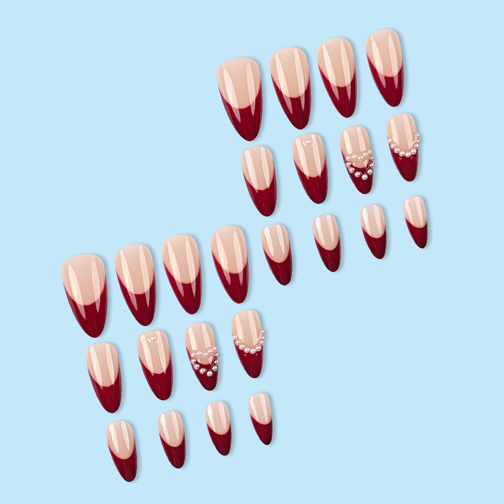 Parche de uñas de almendras francés transfronterizo, color rojo vino, textura blanca, perlas de uñas decoradas elegante.