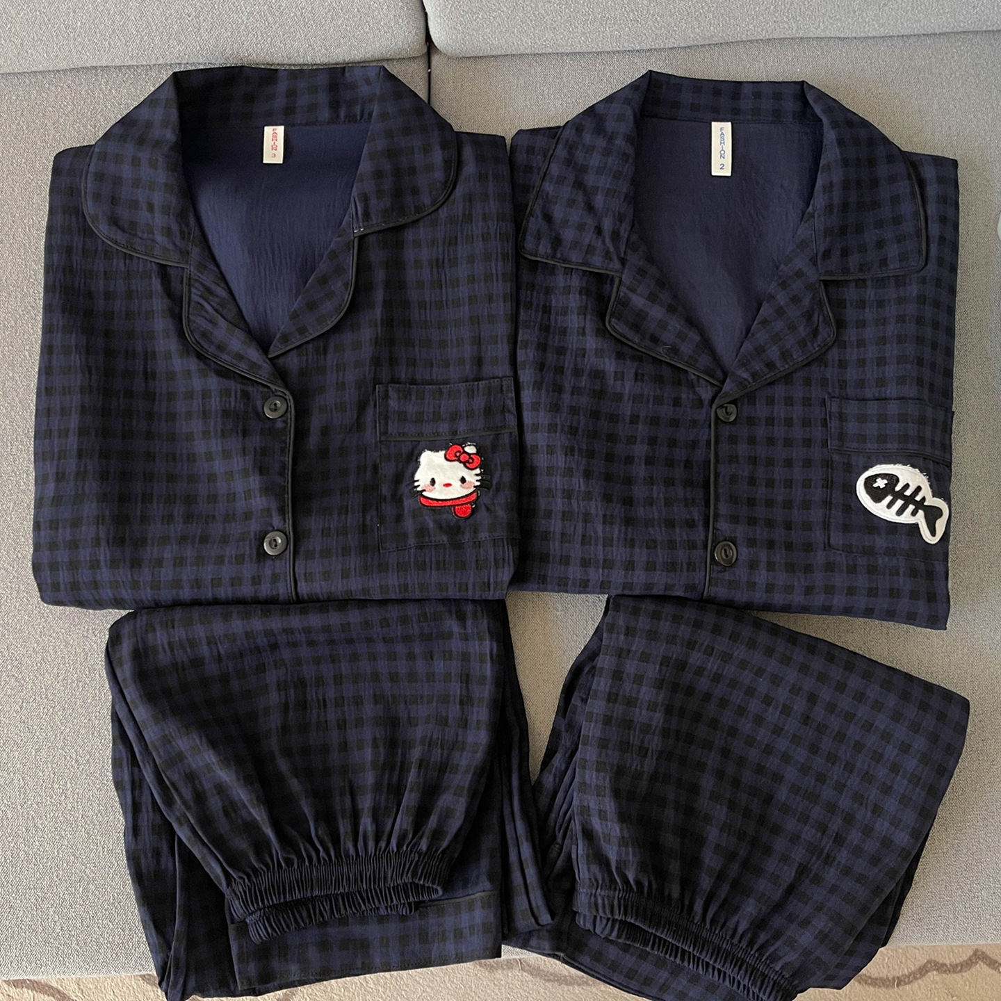 Pao azul a cuadrícula HelloKitty algodón gaza pareja pijama mujer primavera y otoño de mangas largas ropa de casa de hombre verano