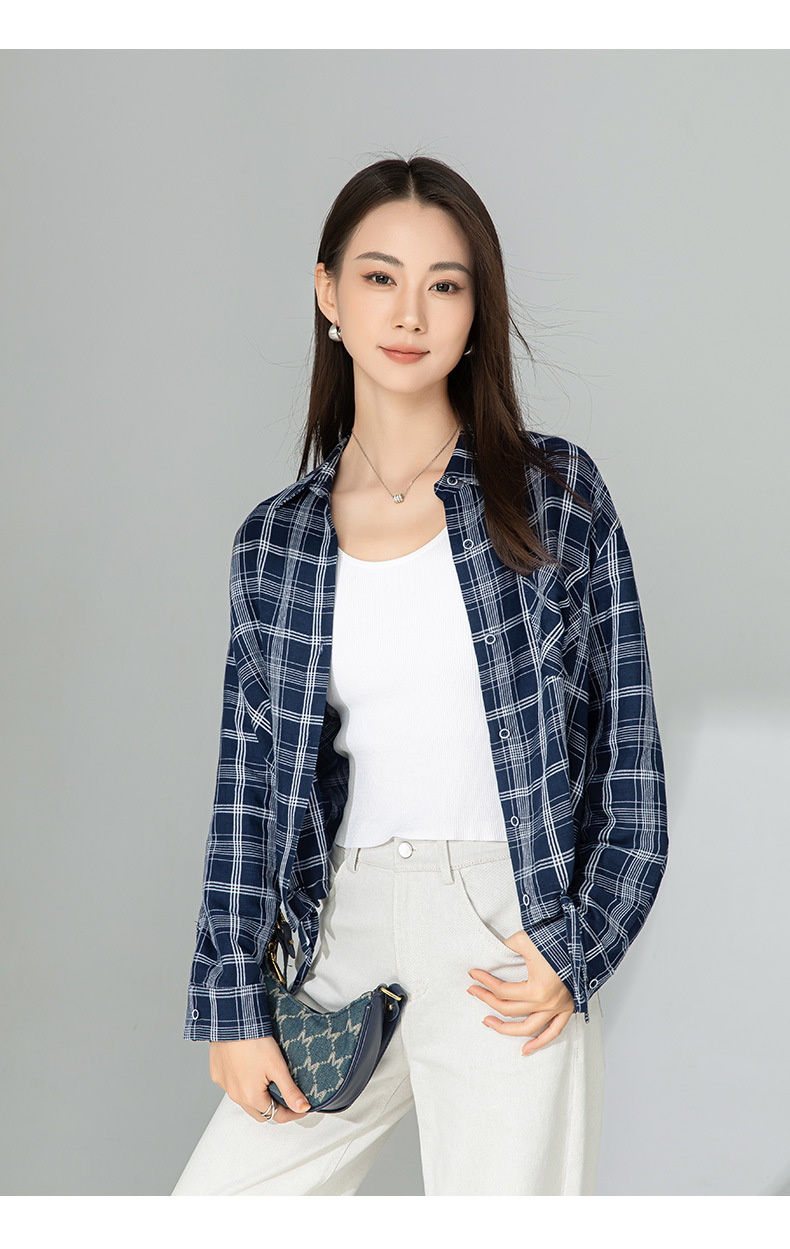 Áo sơ mi nữ dáng suông họa tiết caro xanh lam, chất liệu linen thoáng mát, tay dài có dây rút eo — Caro xanh lam chi tiết 18