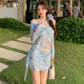秋冬新款长袖比基尼四件套泳衣女性感BIKINI沙滩度假泡温泉泳装