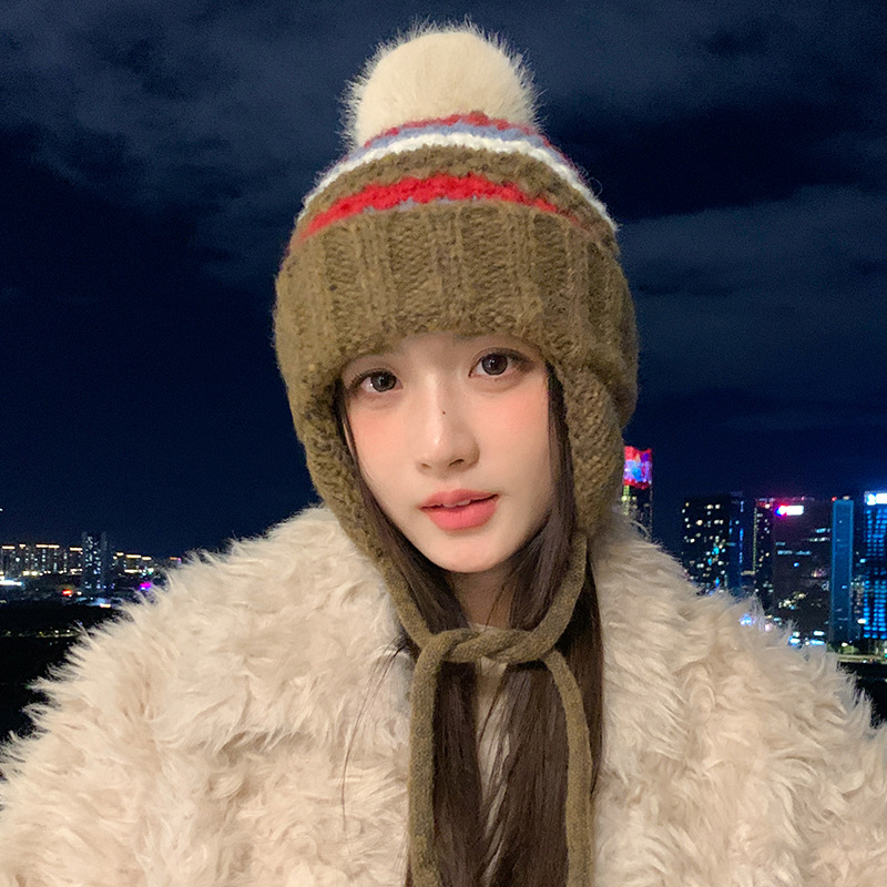 New Retro Fair Isle Style Warm Thickened Fleece-Lined Winter Knitted Hat, Cold-Proof Ear Protection, Tie-Up Wool Hat_voghion.com