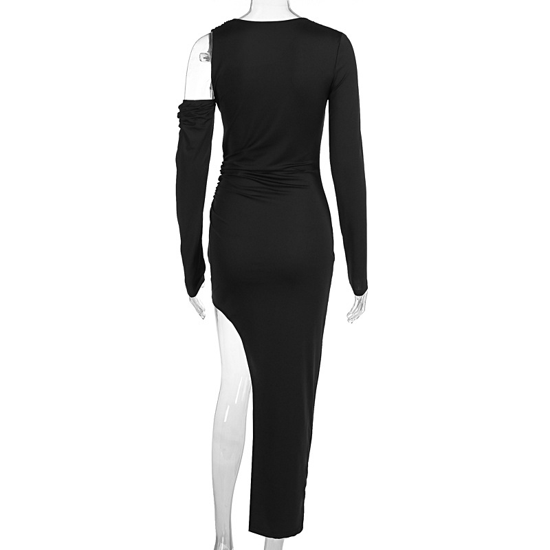 Autumn Winter Sexy Personality Oblique Shoulder Solid Color Slim Women Dress