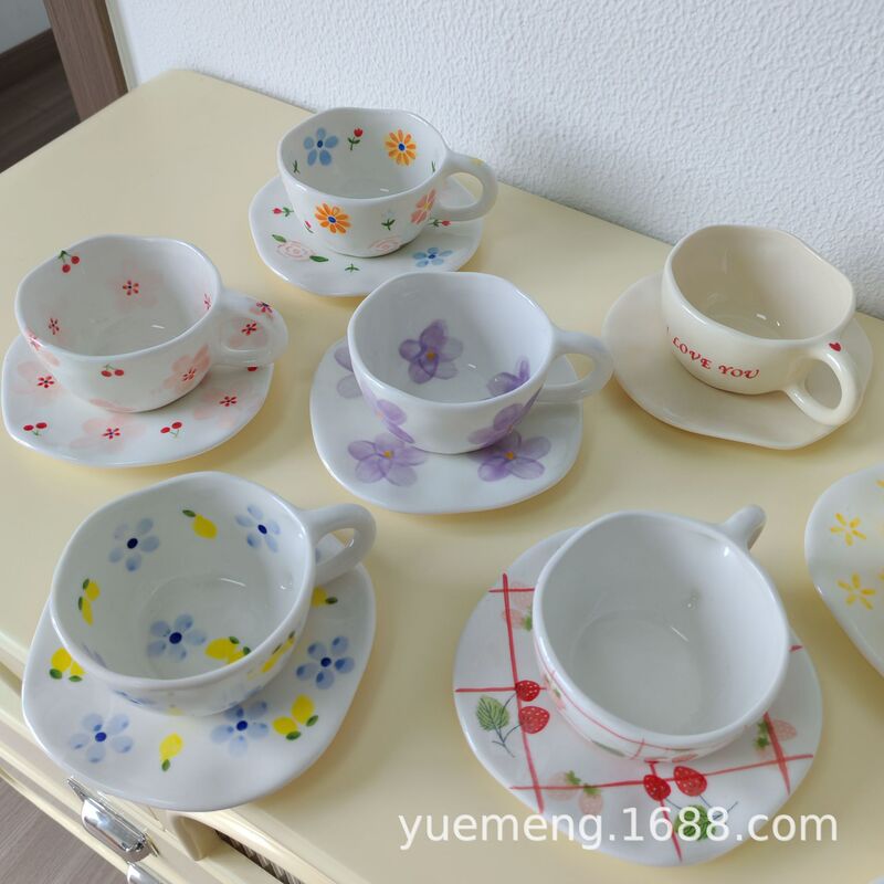 Out of Russian flowers cute ceramic coffee cup saucer irregular tableware suit hand painted coffee mug wholesale