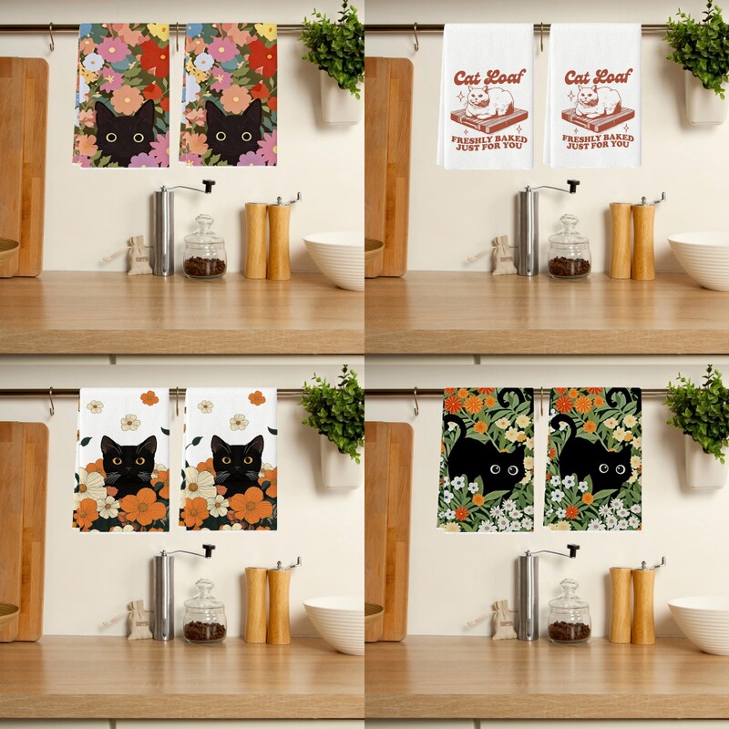 Fun Black Cat Kitchen Towel Cute Watercolor Cat Floral Farmhouse Kitchen Towel Restaurant Decor Hand Towel