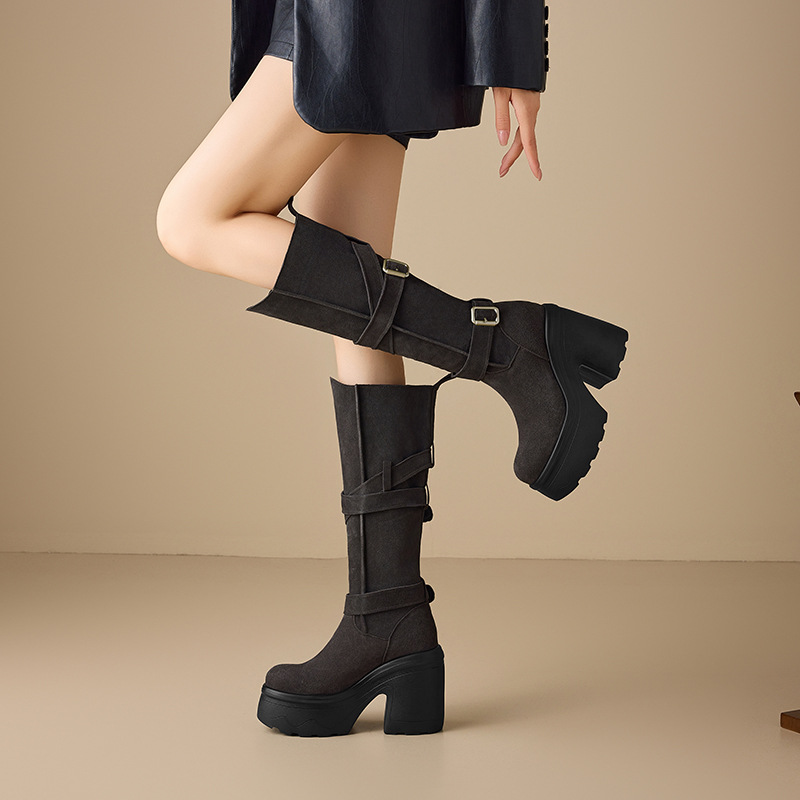 Bốt nữ cổ cao quá đầu gối gót 12 cm, phong cách retro thanh lịch, có khóa thắt lưng — nhung đen