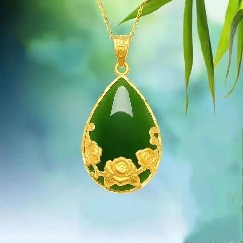 2025 Authentic Rose Green Water Drop Pendant Classy Elegant Lady Style Flower Blooming Rich and Charming Necklace
