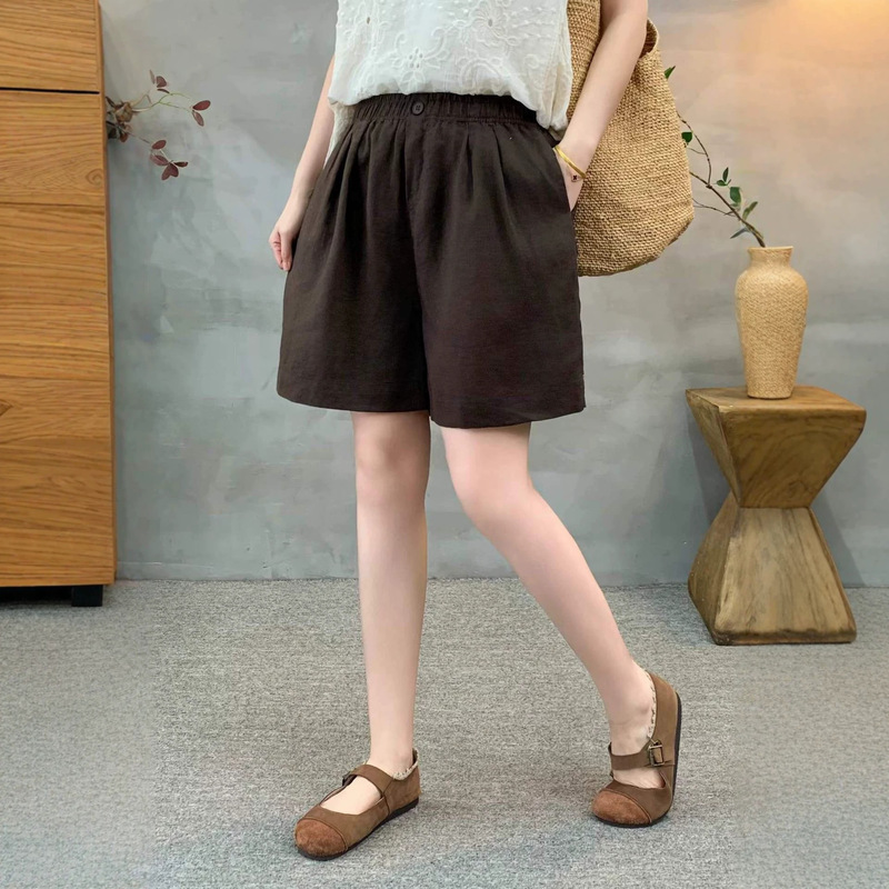 2026 Summer New Style Linen Double-Pocket Shorts for Women, Vintage Artistic Loose-Fitting Versatile Solid Color Casual Knee-Length Shorts
