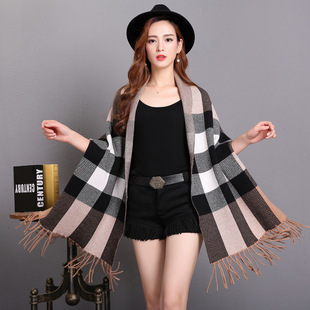 Factory wholesale plaid sleeves cape shawl autumn and winter warm tassel women's cheongsam shawl in stock cardigan cape