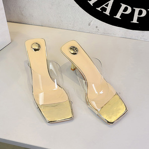 1927 European and American style sexy fashion transparent glass adhesive thin heel square toe exposed straight strap hig