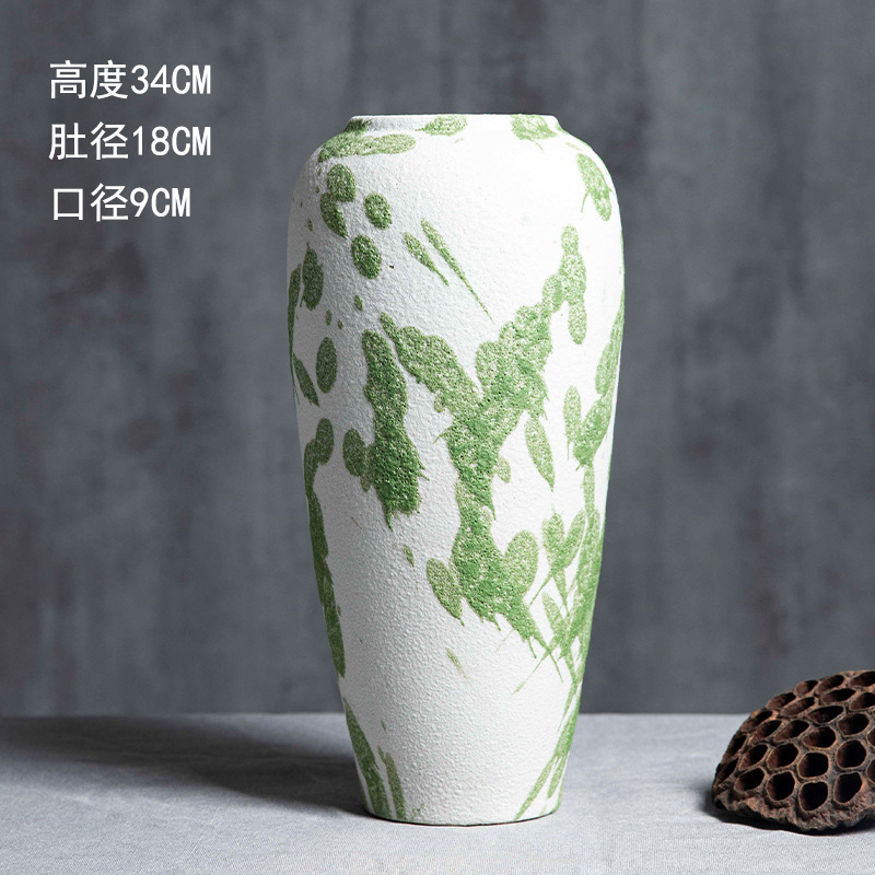 景徳鎮の陶磁器の花瓶の置物の客間の生け花の新しい中国式の玄関の装飾品の花器の復古の太い陶缶の植木鉢|undefined