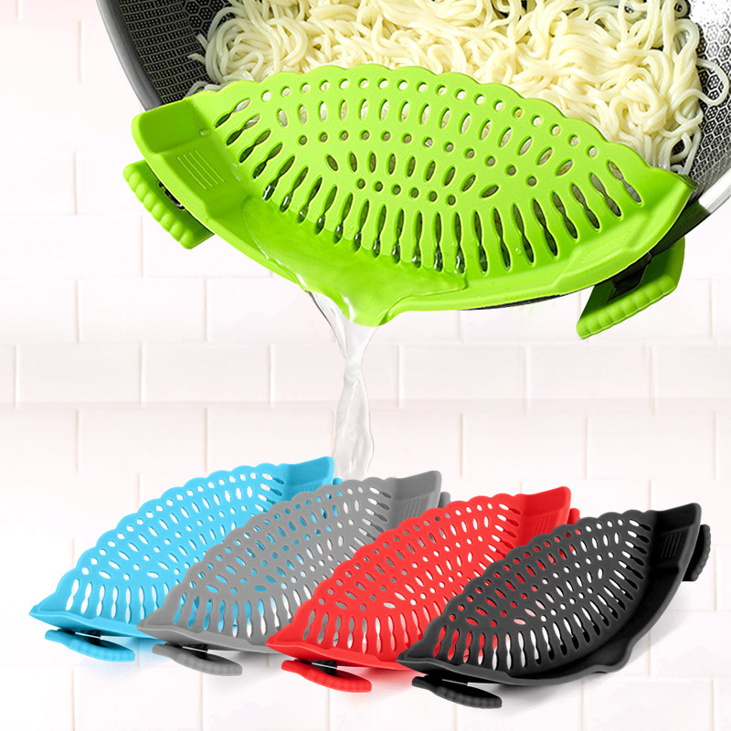 Kitchen Clip-On Silicone Pot Edge Drainer, Anti-Spill Baffle for Pouring Dishes, Noodle Residue Filter, Fruit and Vegetable Draining Basket