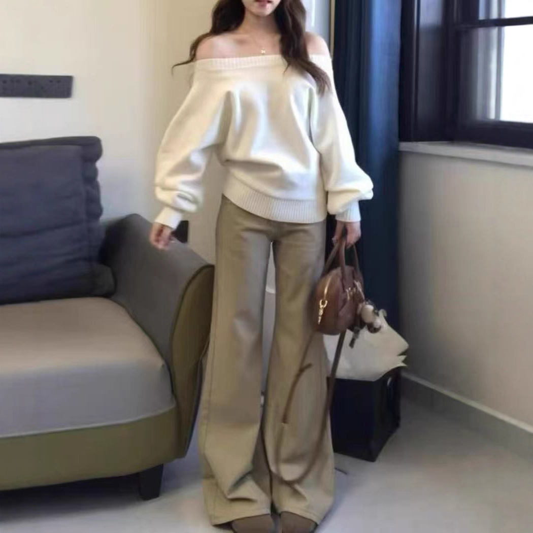 韩系白色软糯宽松一字肩毛衣女秋冬慵懒设计感2025新款针织衫上衣