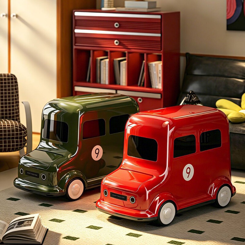 Retro bus-style trash can for home use, with wheels, movable, suitable for narrow spaces in the living room, bedroom, or children's room, press-type paper basket storage bin Retro bus-style trash can for home use, with wheels, movable, suitable for narrow spaces in the living room, bedroom, or children's room, press-type paper basket storage bin