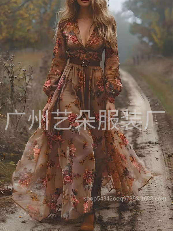 2024欧美女装 独立站 亚马逊 长袖 数码印花 V领长裙 连衣裙|undefined