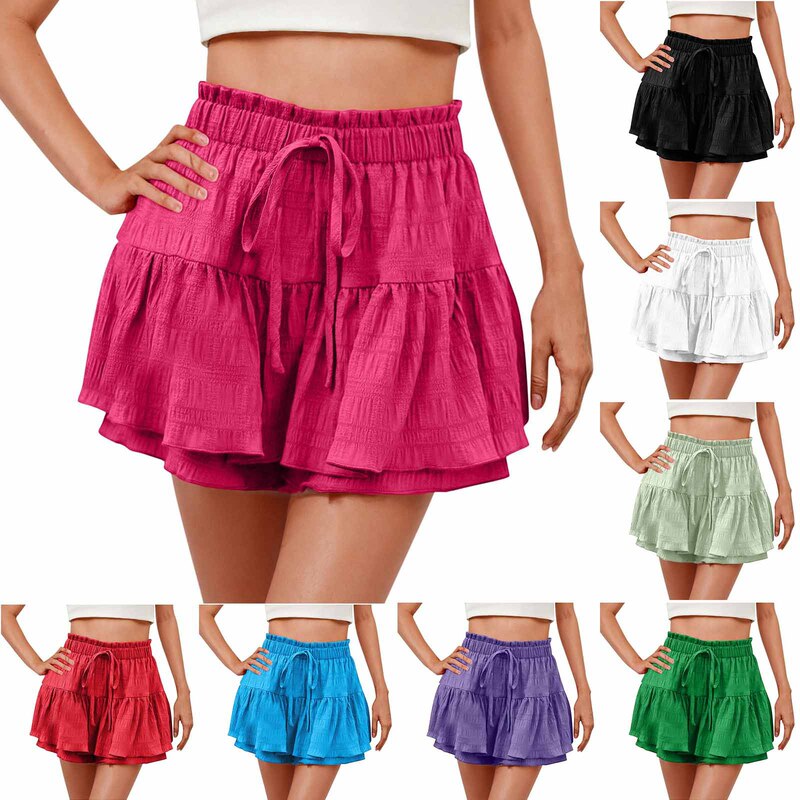 2026 Amazon Cross-Border Women's Summer Fashion Ruffled Solid Color Drawstring Skirt Shorts