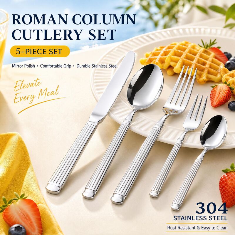 Stainless Steel Roman Column Cutlery Set for Cross-Border Hotels, Restaurants, and Home Use, 5-Piece Western Style Knife, Fork, and Spoon Set with Mirror Polishing Stainless Steel Roman Column Cutlery Set for Cross-Border Hotels, Restaurants, and Home Use, 5-Piece Western Style Knife, Fork, and Spoon Set with Mirror Polishing