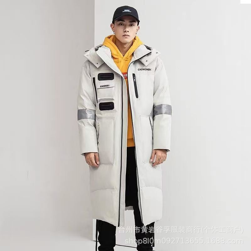 New long-style couple's winter down jacket, unisex, mid-length, workwear style, Korean design, hooded, knee-length, and thickened