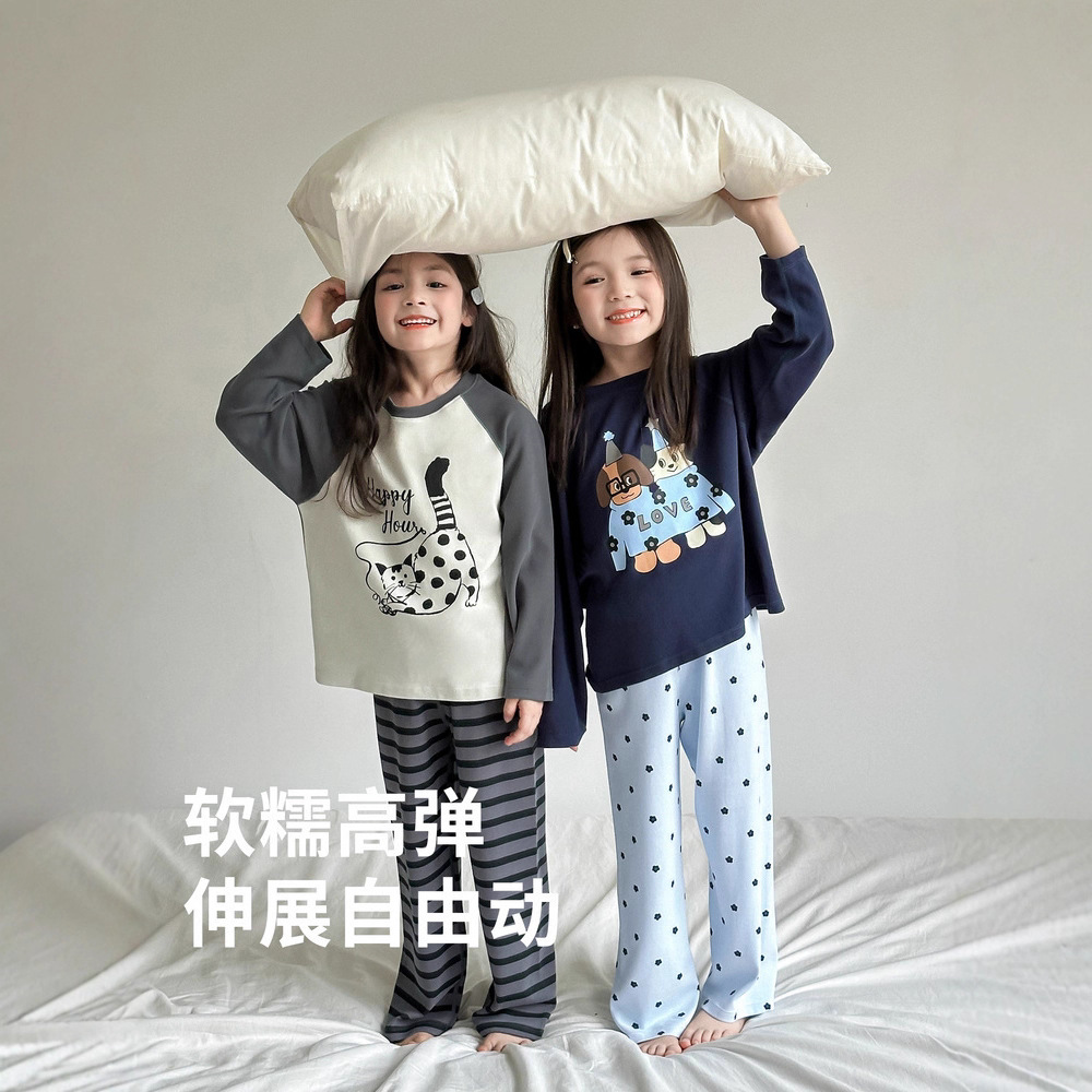 Children's Clothing Fun Printed Girls Natural Soft Skin Type a Pure Cotton Cartoon Home Clothes Set Casual Loose Baby Pajamas