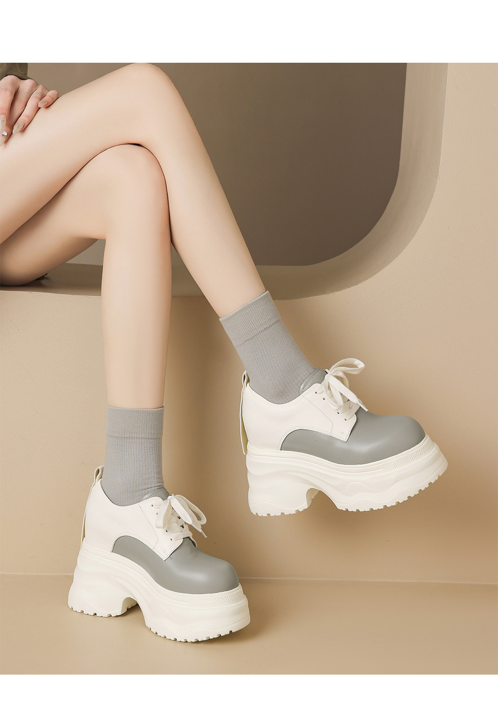 Giày sneaker nữ chunky đế dày phối màu mùa thu 2025, da bò thật, tăng chiều cao 12cm, buộc dây — Màu đen, Màu xám trắng, Màu trắng chi tiết 6