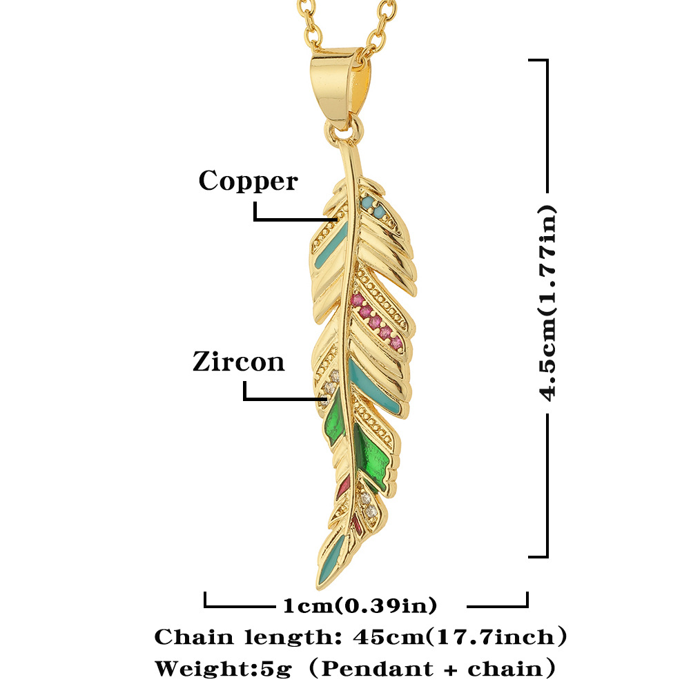 fashion copper micro-inlaid zircon pendant leaf feather necklace female