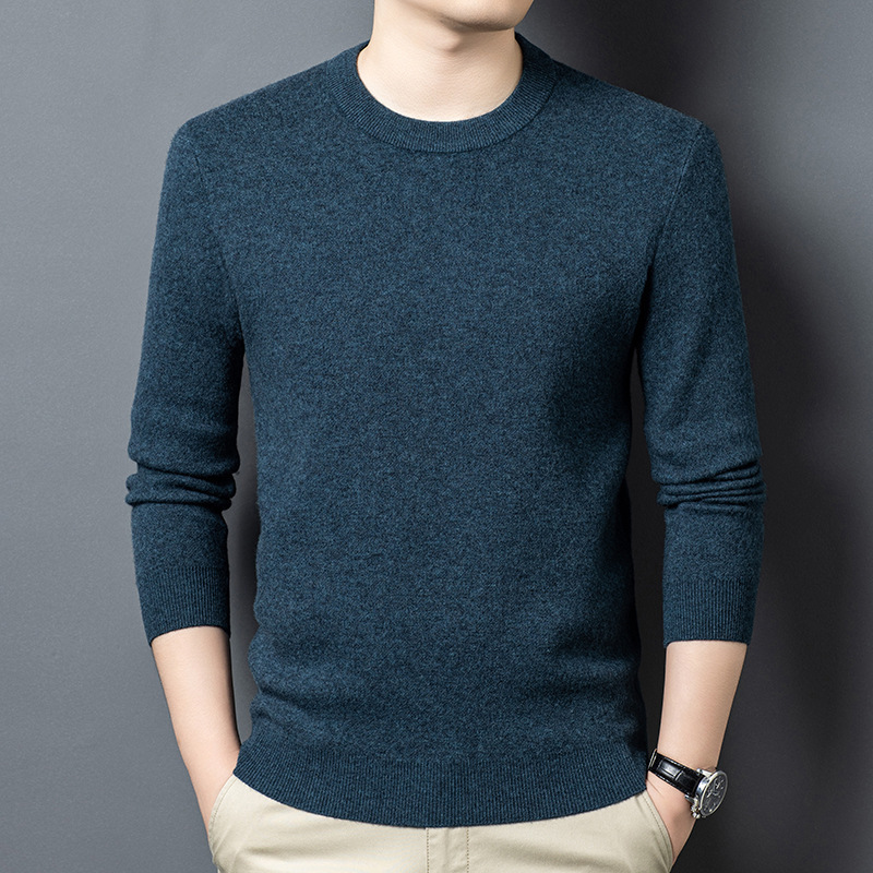 Authentic Men's 100% Wool Sweater for Middle-Aged Business Casual Versatile Solid Color Thick Warm Pullover Sweater