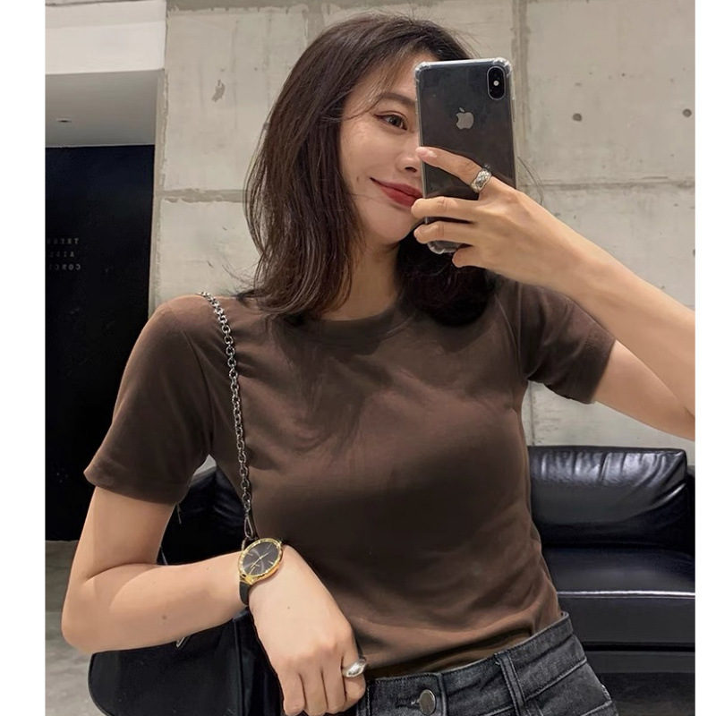 Brown T-Shirt Women's Right Shoulder Short-Sleeved Summer 2025 New Versatile Bottoming Shirt Pure Cotton High-End Chic Top Brown T-Shirt Women's Right Shoulder Short-Sleeved Summer 2025 New Versatile Bottoming Shirt Pure Cotton High-End Chic Top