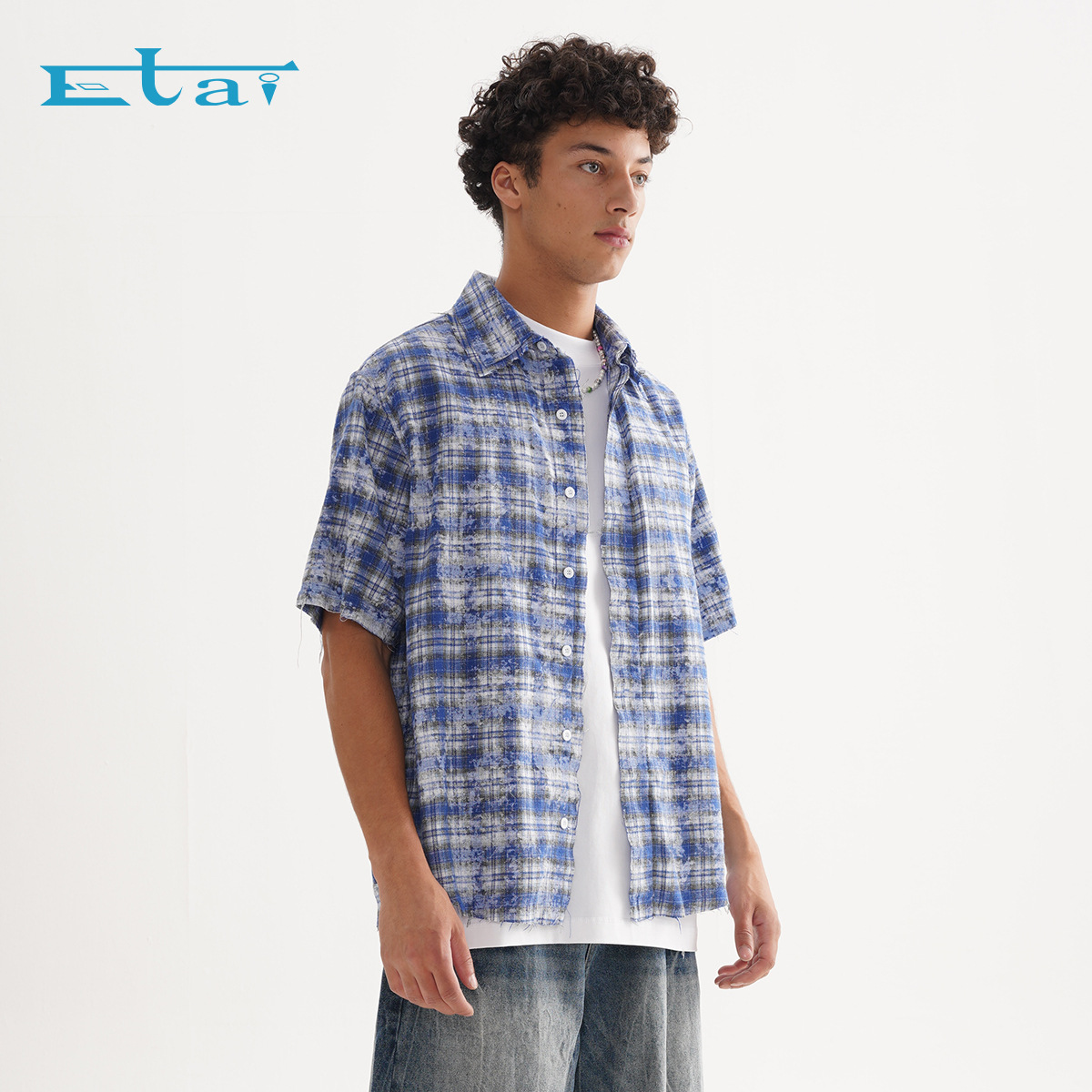 ETAI Hombre| Casual azul retro camisa a cuadros suelta sucia camisa de hombre de manga corta