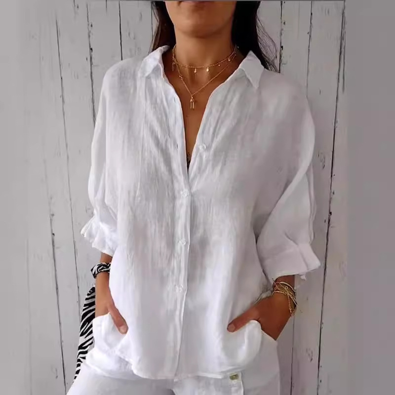 2024 Europe and America Amazon Spring Explosions Europe and America Cotton Linen Back Lace Design Shirt