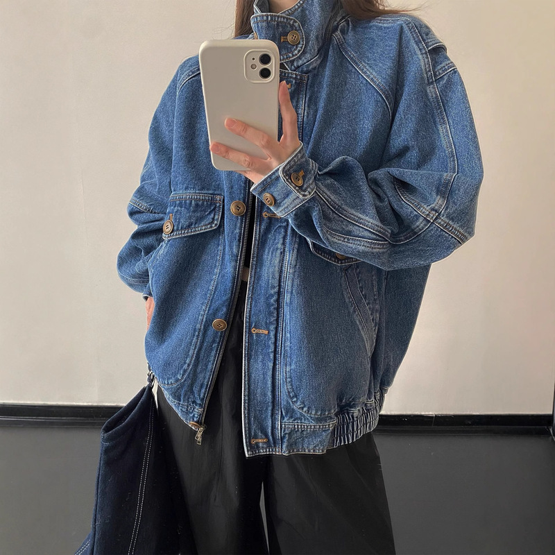 Sunyou Nordic Vintage Washed Denim Texture Stand Collar Color-Block Oversized Pilot Jacket