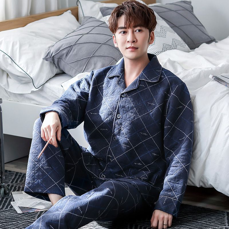 Algodón aire pijama de algodón hombre otoño y invierno intercalado de algodón grueso intercalado de tamaño grande conjunto de ropa de casa de hombre